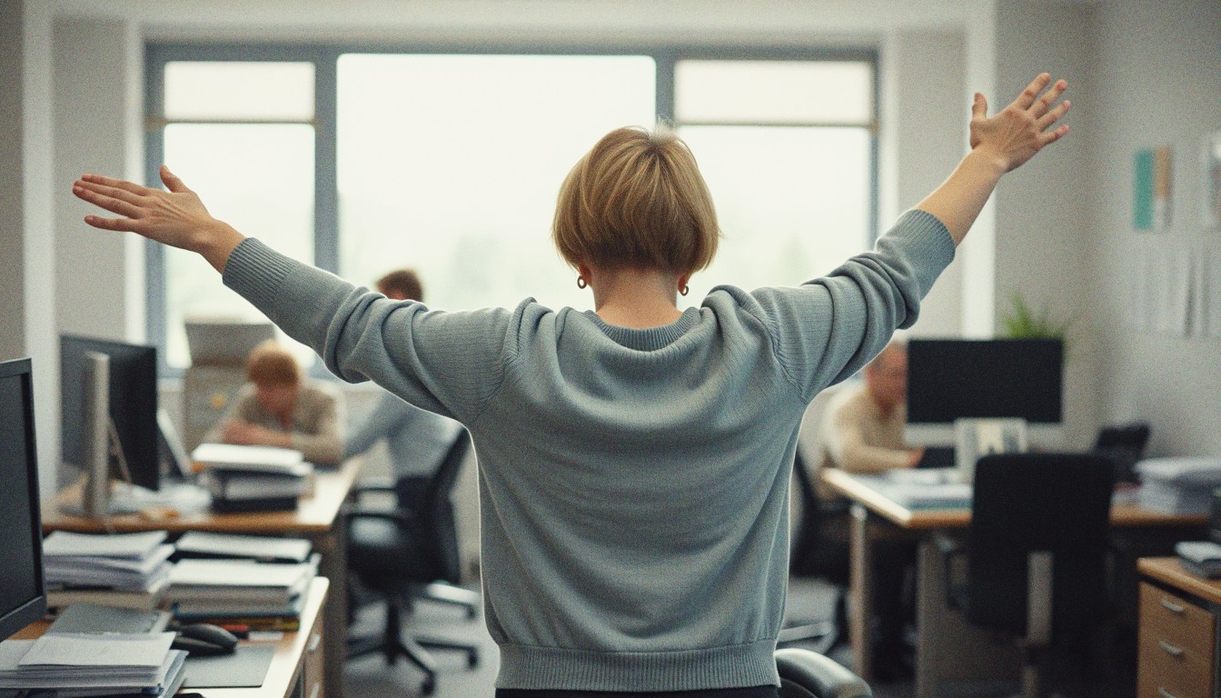 A woman standing up from her office desk mid-stretch in a busy open-plan office, afternoon light coming through a window behind her.
