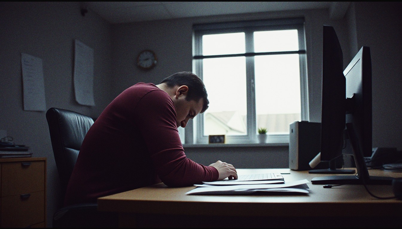 A man sitting slumped at an office desk in a UK office, rounded shoulders and head forward, grey window light from one side.