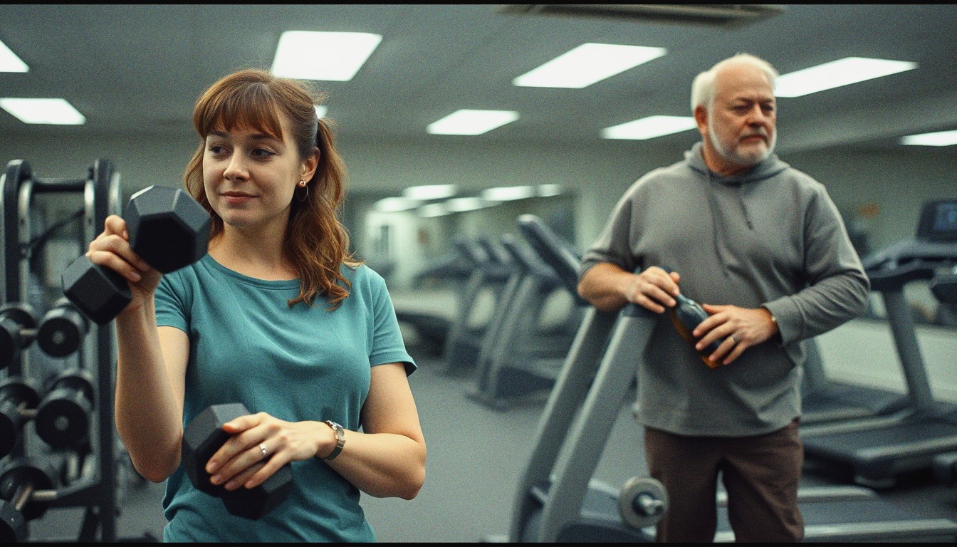 A woman lifting dumbbells near a weight rack while a man uses a treadmill behind her on a UK gym floor.