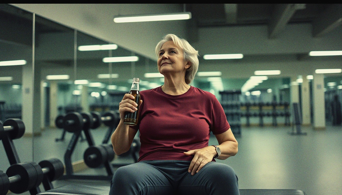 A middle-aged woman sitting on a gym bench after a workout, looking at her reflection in the mirrored wall of a UK gym.