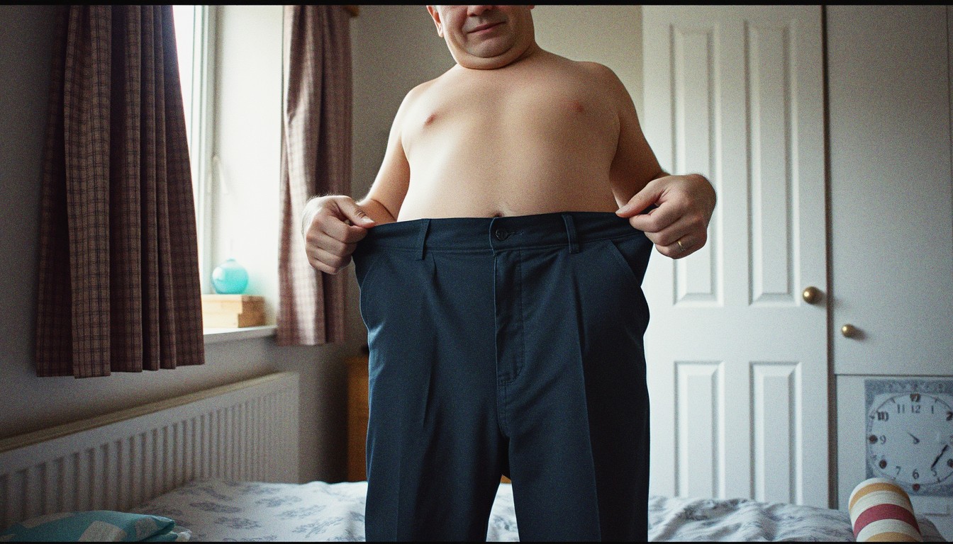 A middle-aged man in a bedroom holding out the waistband of his trousers, noticing they have become looser.