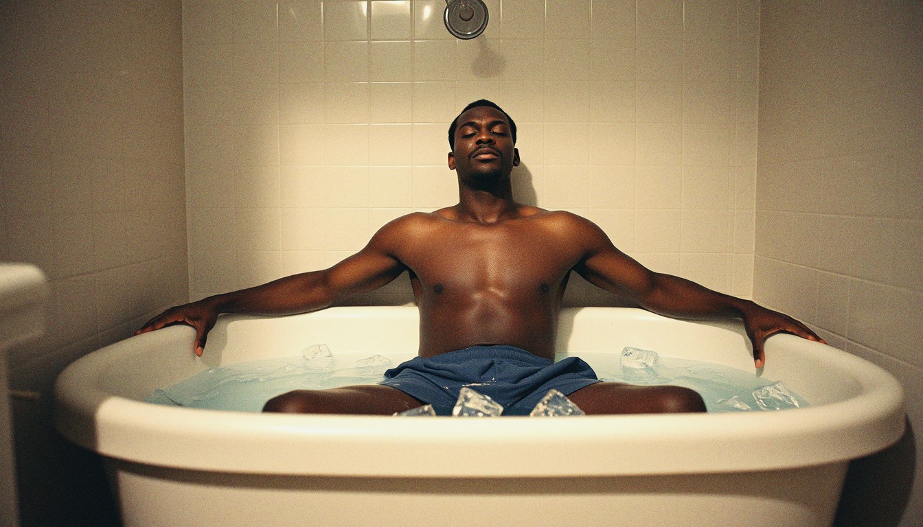A young man sitting in a bathtub filled with cold water and ice, arms resting on the sides, eyes closed with a tense expression.