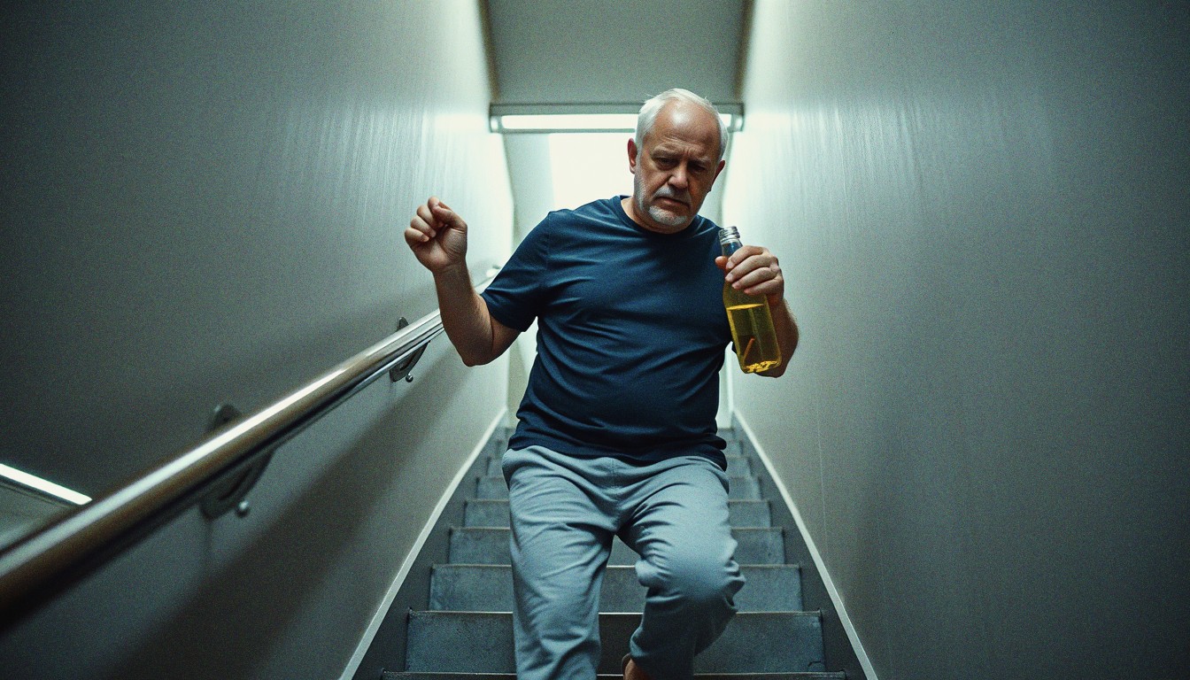 A middle-aged man holding a handrail and carefully descending concrete stairs in a gym corridor, expression showing physical effort.