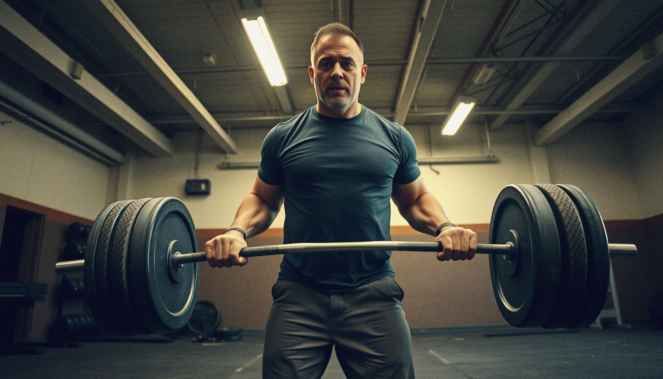 Middle-aged man of average build deadlifting a barbell in a modest community gym under fluorescent lighting.