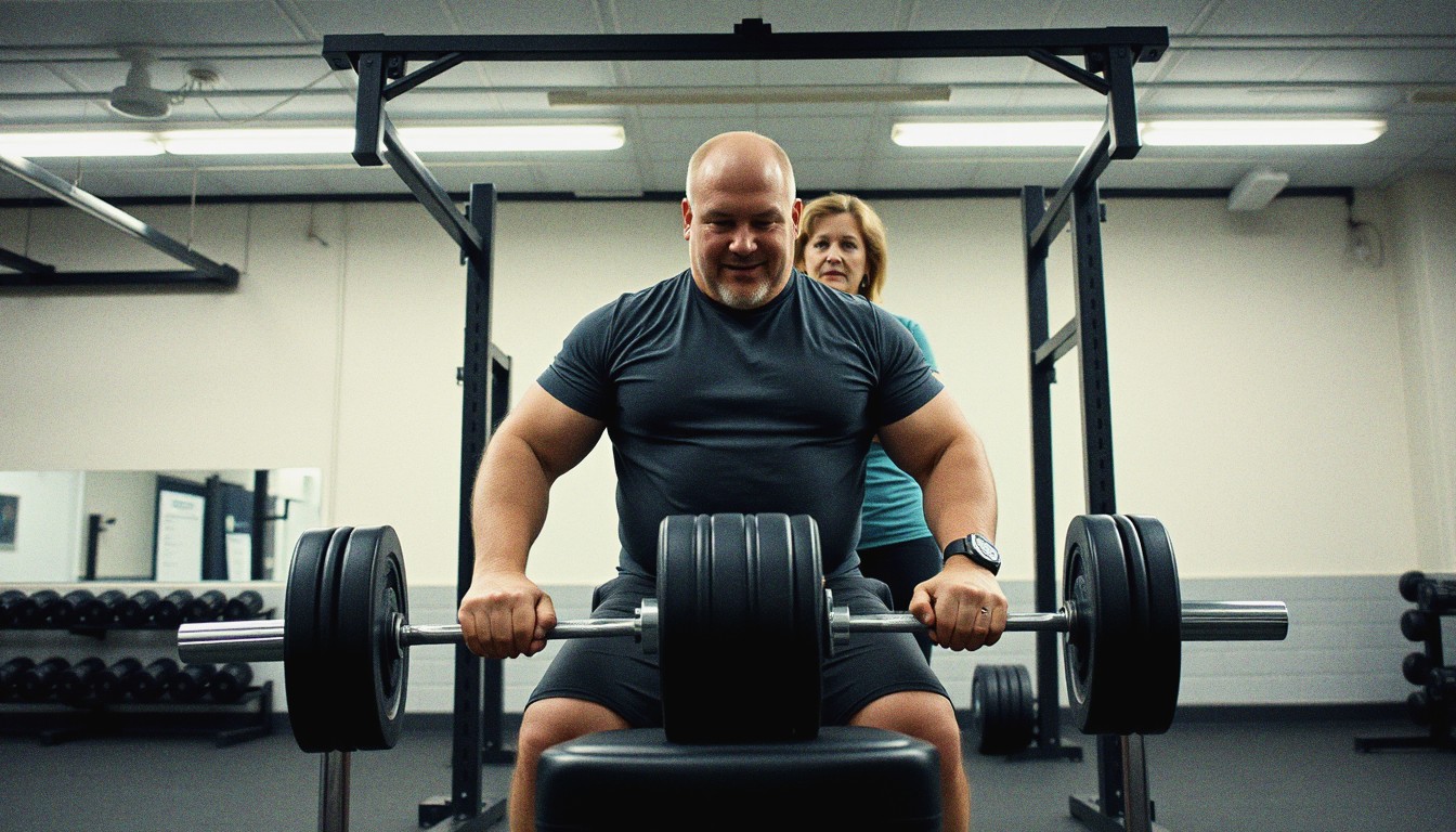 Man performing a barbell bench press with a female spotter standing behind him in a basic gym.