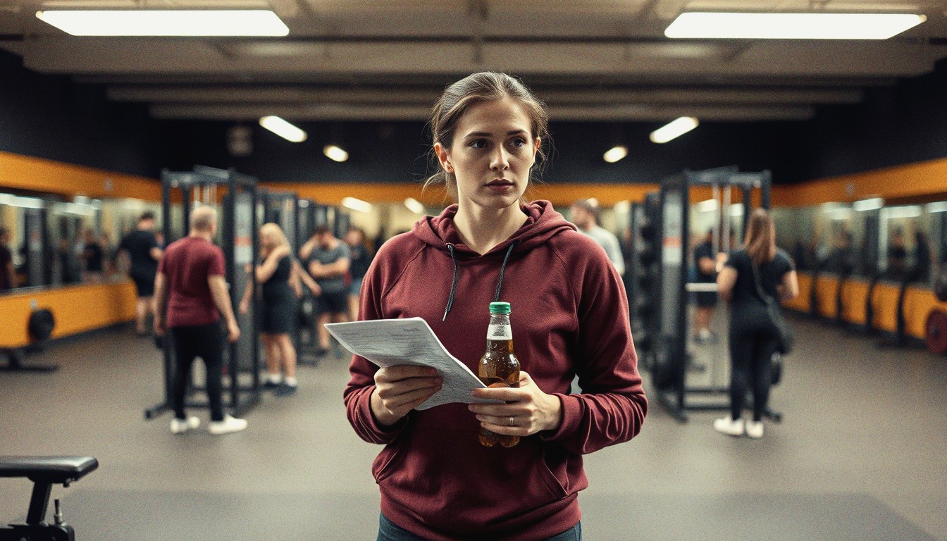 Woman standing undecided between two pieces of gym equipment, holding a crumpled workout sheet.