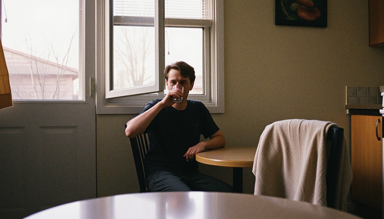 A person sitting at a kitchen table sipping water, with a damp towel on a chair and a window open to let in evening air.