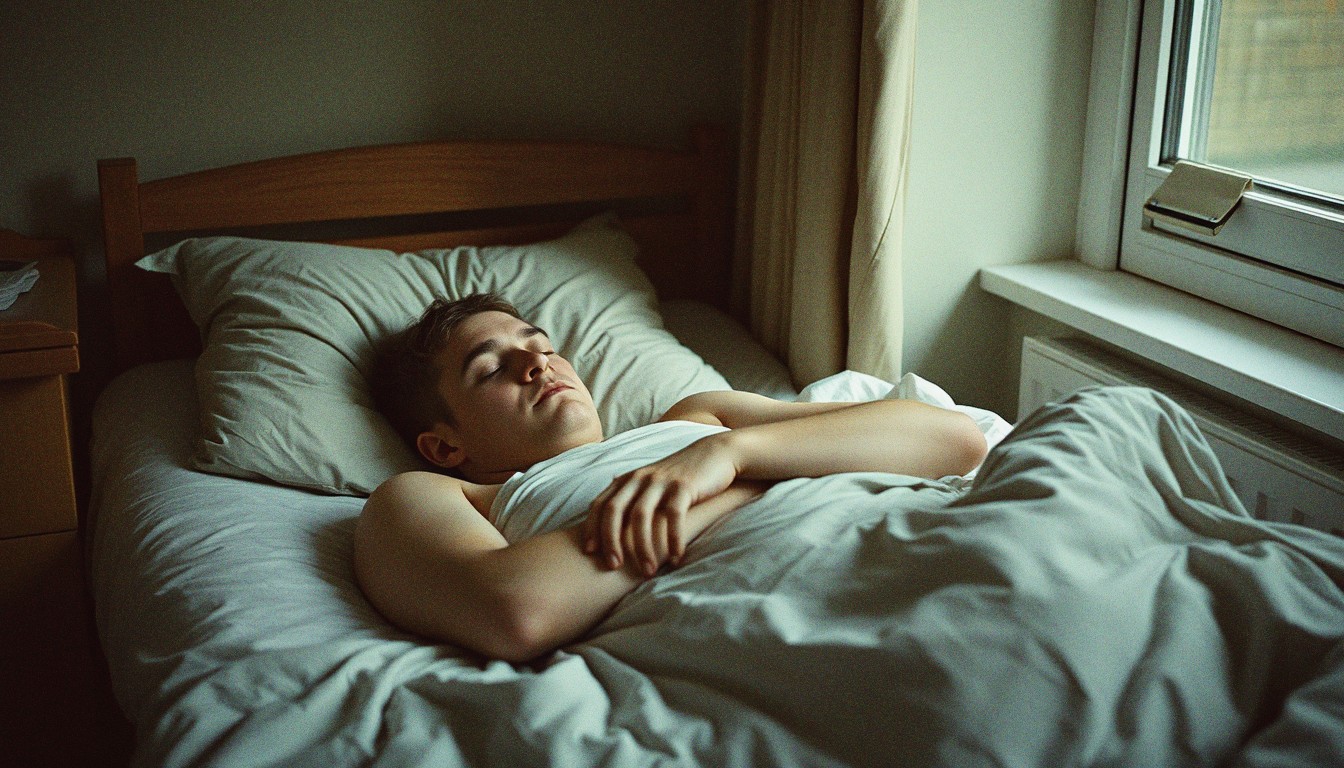 A person sleeping in a small bed in a warm UK bedroom, with visible sweat on their forehead and a thin cotton sheet, natural light from the window.