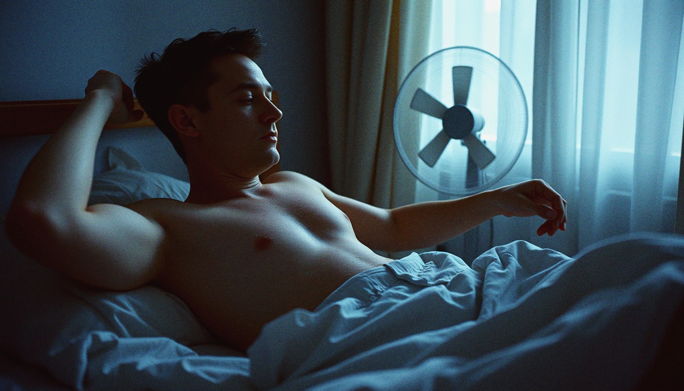 A person tossing and turning in bed during the night, showing visible sweat on their skin, wearing thin cotton pyjamas with a fan spinning in the background.