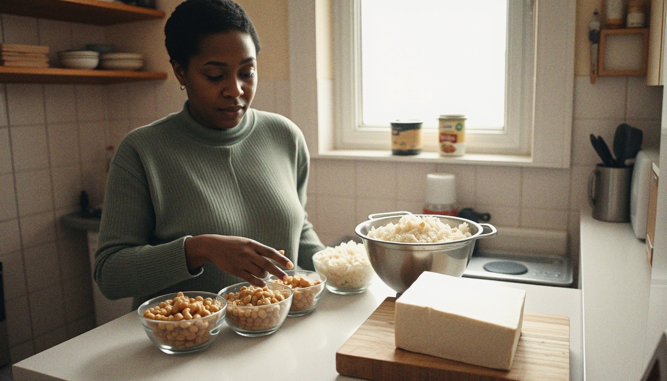 Middle-aged woman in a small UK kitchen arranging bowls of lentils, rice, chickpeas, and tofu on a laminate counter under natural window light.