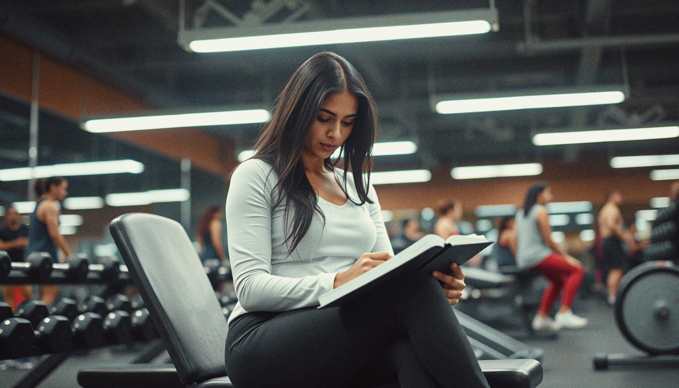 Young South Asian woman resting between sets on a weight bench in a UK gym, notebook open on her knee, dumbbells visible on the rack behind her.