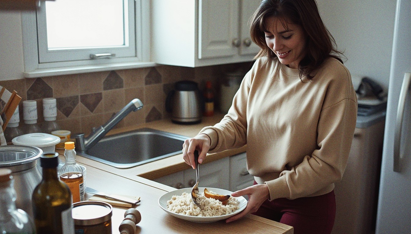 A woman in gym clothes calmly serving herself a plate of rice and roasted vegetables at a home kitchen counter.