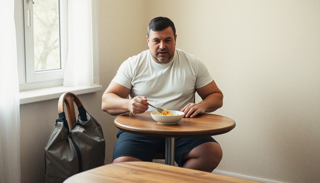 A middle-aged man in plain gym clothes sitting at a kitchen table eating a bowl of pasta after a workout, his gym bag resting on the floor beside him.