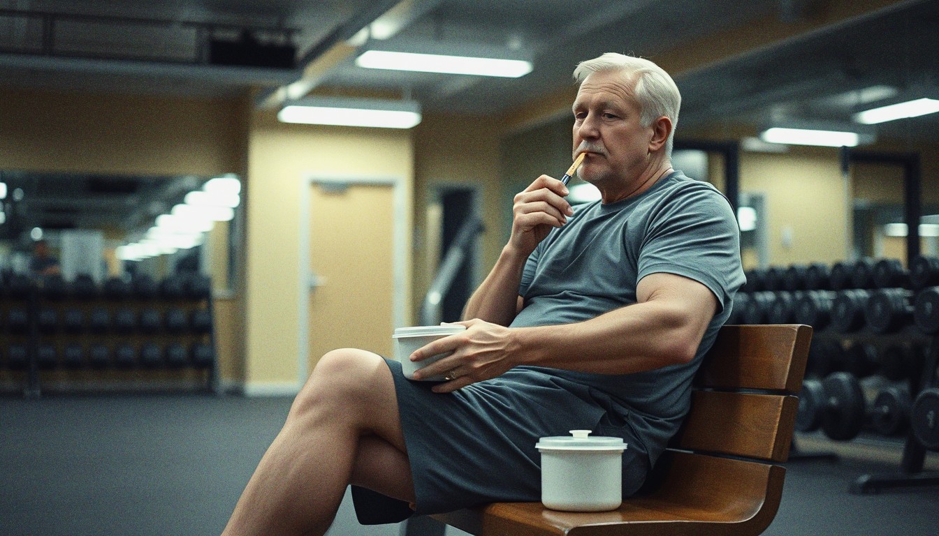 An older man sitting on a gym bench eating a packed meal from a container after exercising, with gym equipment blurred in the background.