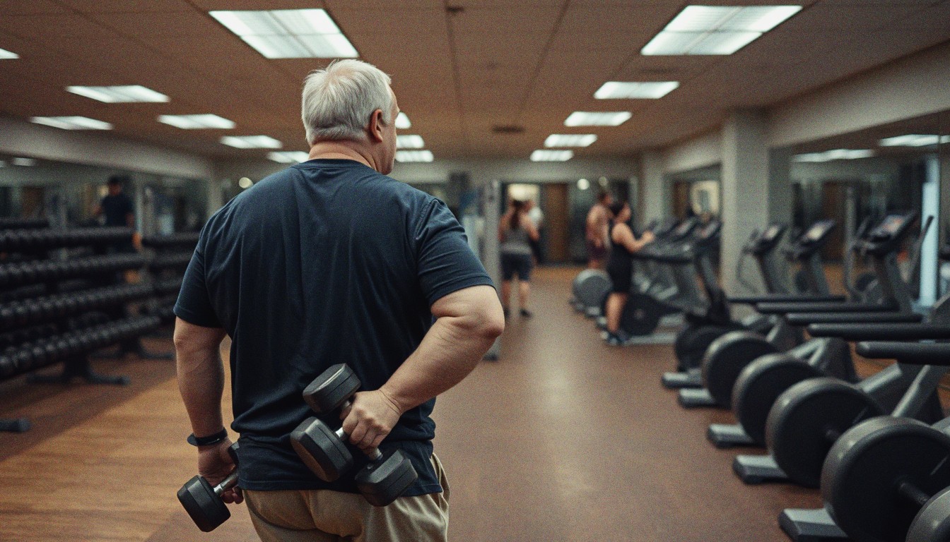 An older man returning dumbbells to a rack and looking toward the cardio machines in a busy gym.