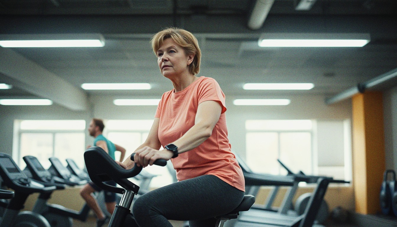 A middle-aged woman cycling steadily on a stationary bike in a gym with another person running on a treadmill behind her.