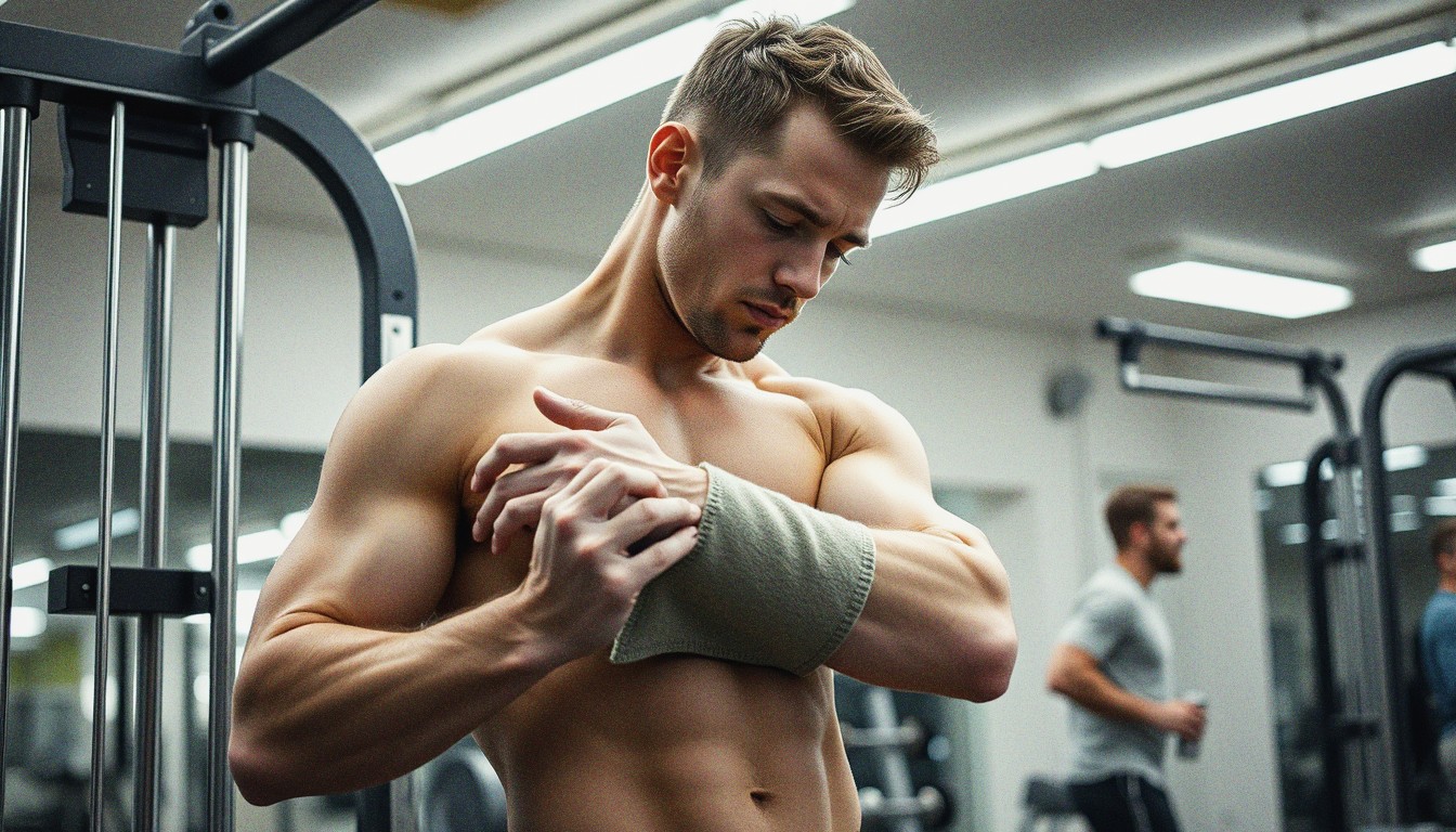 A man self-applying a wide fabric cuff to his upper arm next to a cable machine in a gym.