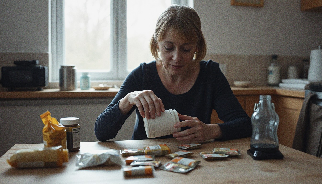 A middle-aged woman at a kitchen table examining the back of a supplement container, surrounded by various supplement tubs and pouches in natural window light.
