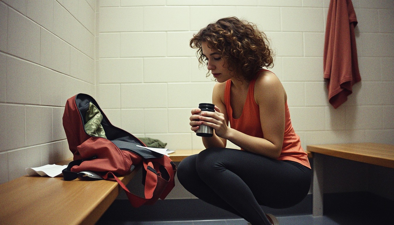 A young woman crouching by her open gym bag on a changing-room bench, holding a supplement container and reading a handwritten note.