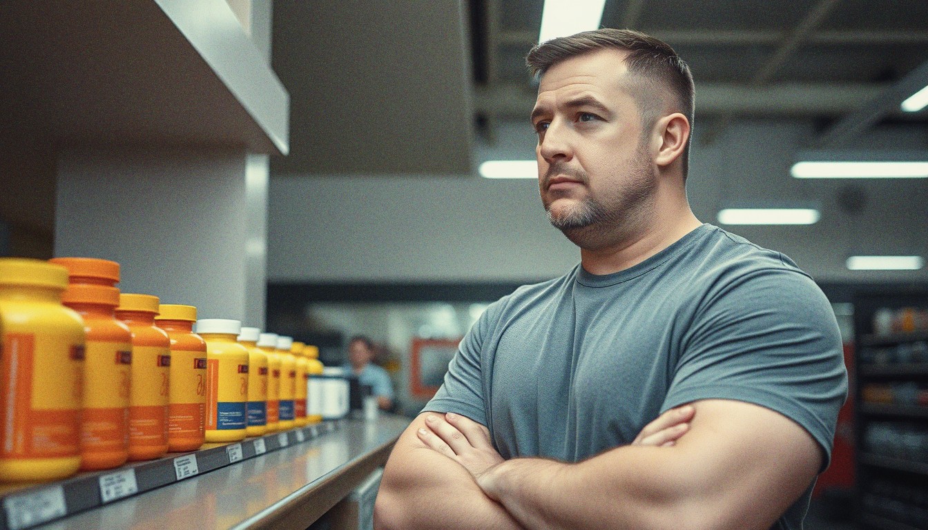 A man standing at a gym supplement shelf looking sceptically at a row of plain containers under fluorescent lighting.