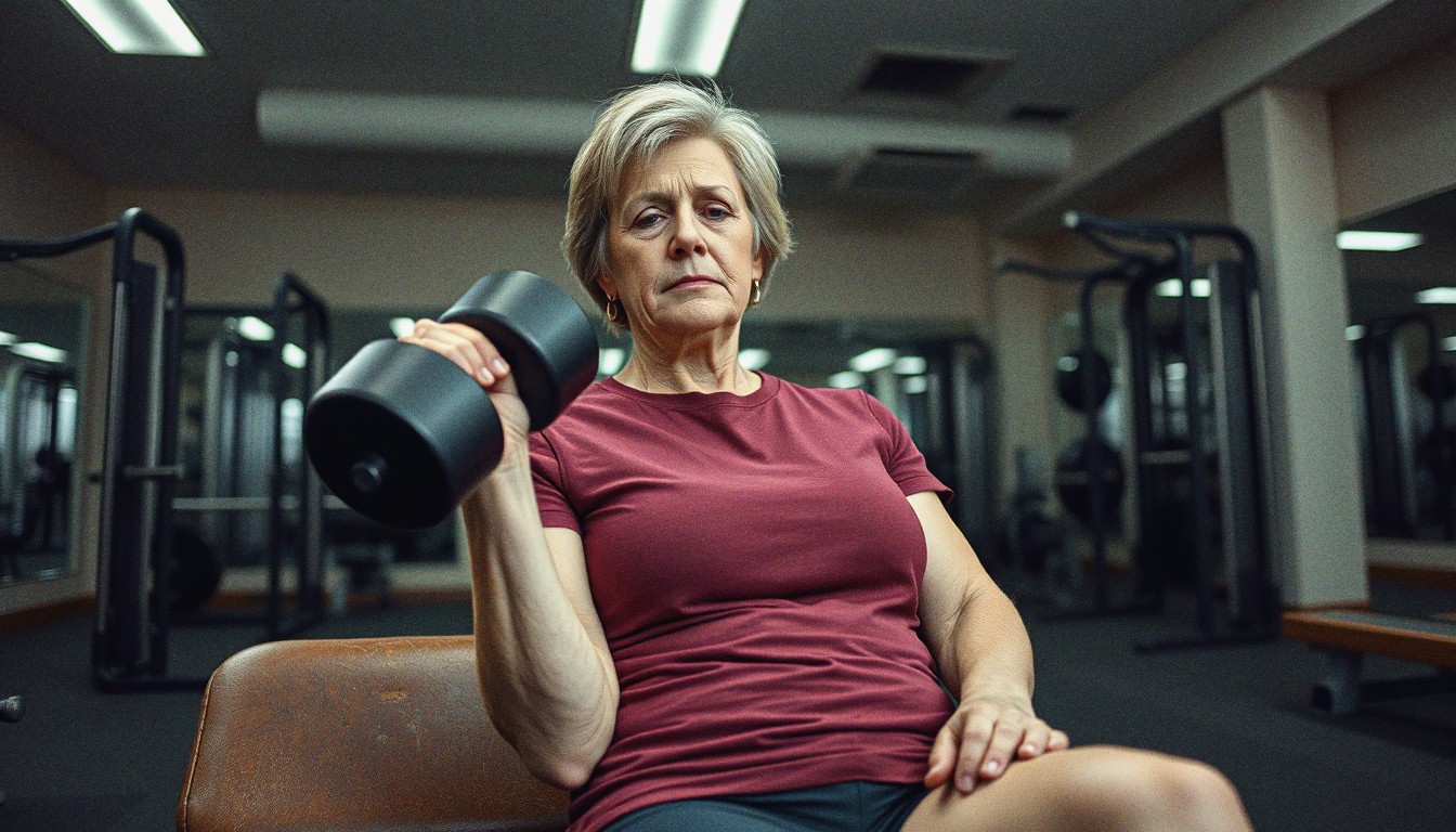 Middle-aged woman in a burgundy T-shirt doing a single-arm dumbbell row on a gym bench, photographed candidly in a UK weights room.