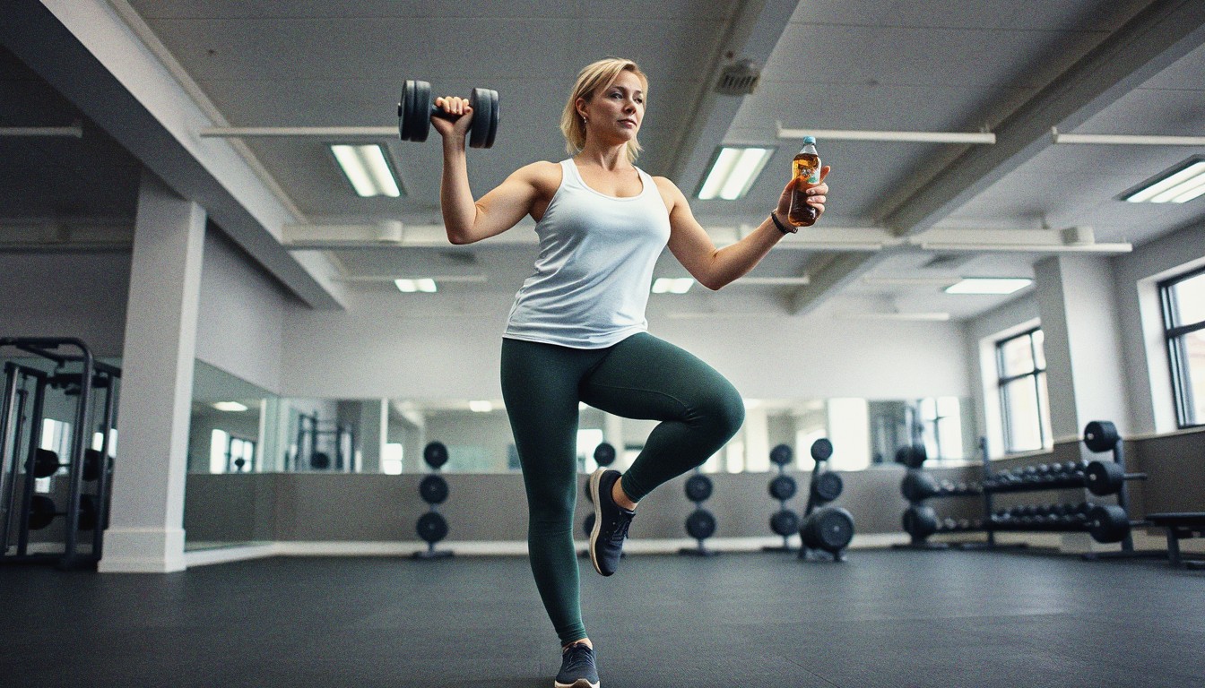 Woman in dark-green leggings performing a single-leg deadlift with a dumbbell on a gym floor, photographed candidly from a low angle.