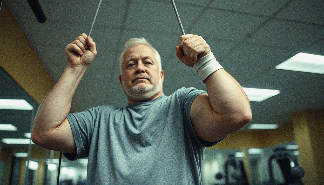 Man with a bandaged wrist doing a single-arm cable pull-down with his other arm in a UK gym, photographed candidly under fluorescent light.