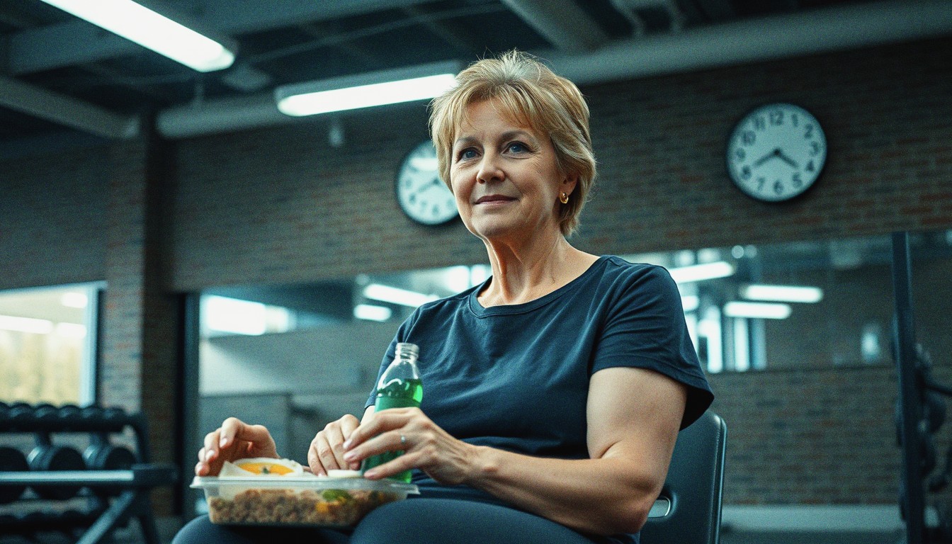A woman sitting on a gym weight bench after a workout with a packed lunch beside her and a clock on the wall behind her.