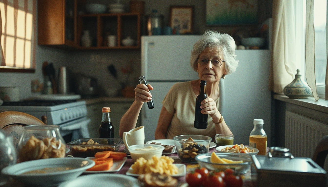 A middle-aged woman sitting at a kitchen table with multiple plates and food containers spread in front of her in afternoon window light.