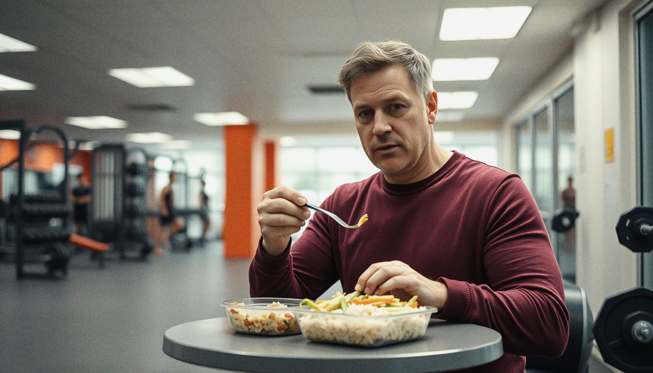 A man eating a packed meal from a plastic container at a small table near the entrance of a UK gym with equipment visible in the background.
