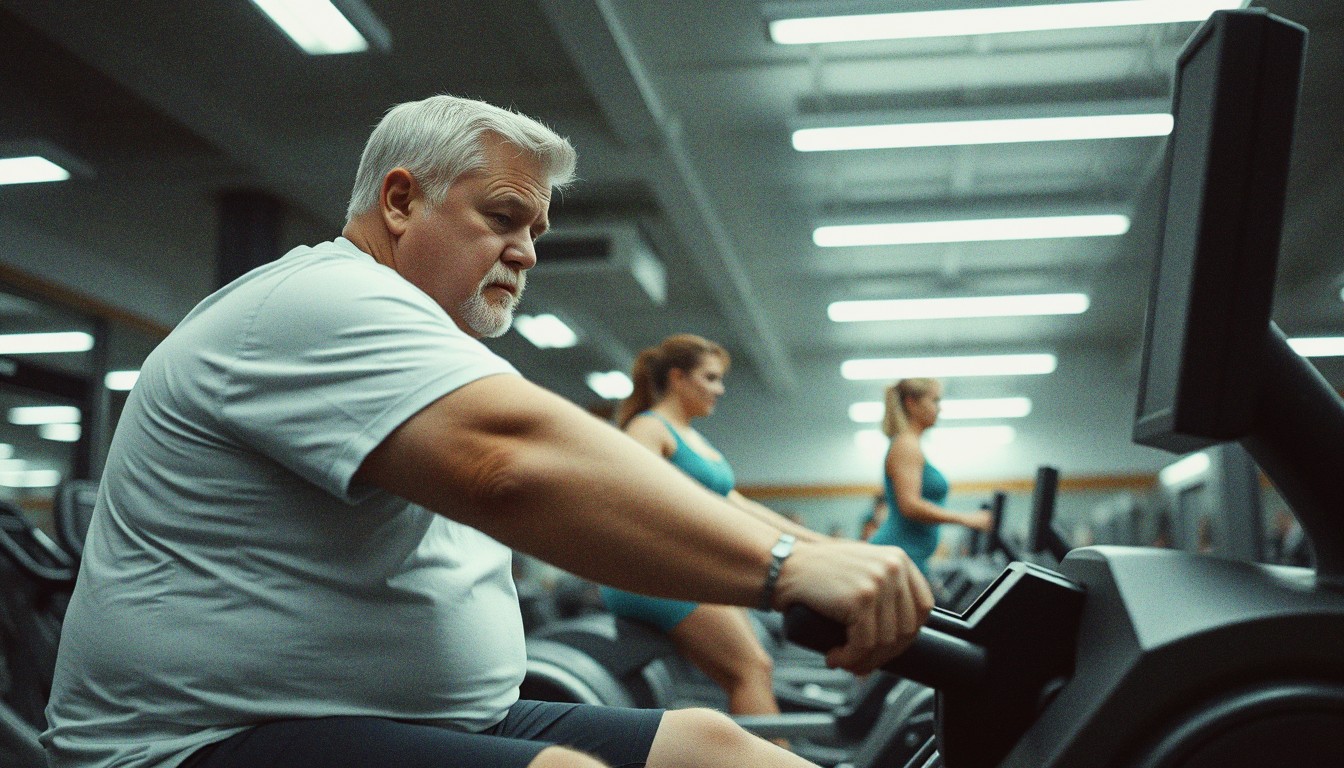 A man in his forties using a rowing machine in a UK gym while a woman uses a cable station behind him, other gym-goers visible in the background.