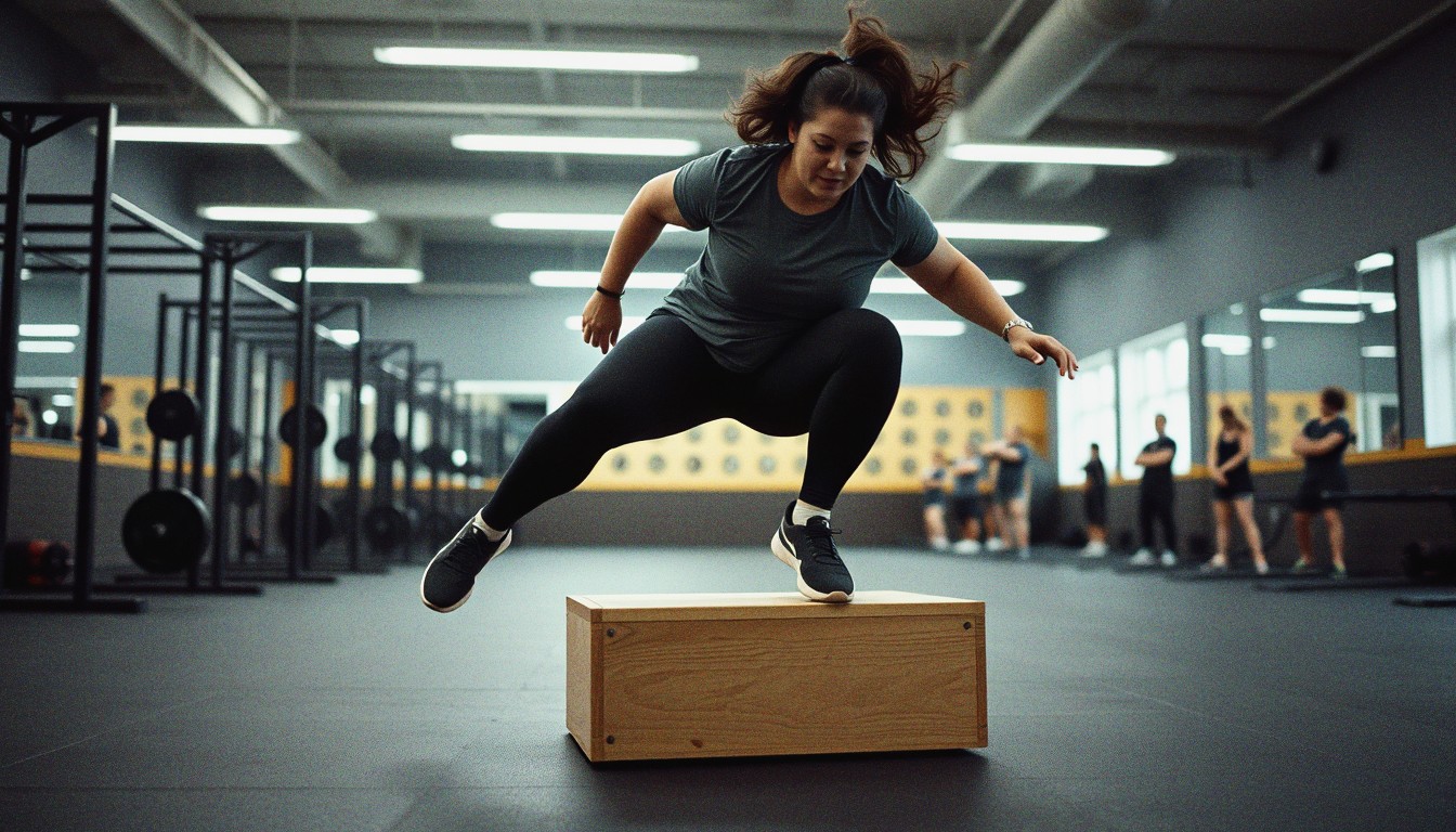 A woman mid-jump over a plyo box on a gym floor under fluorescent lighting, squat racks and other gym members visible in the background.