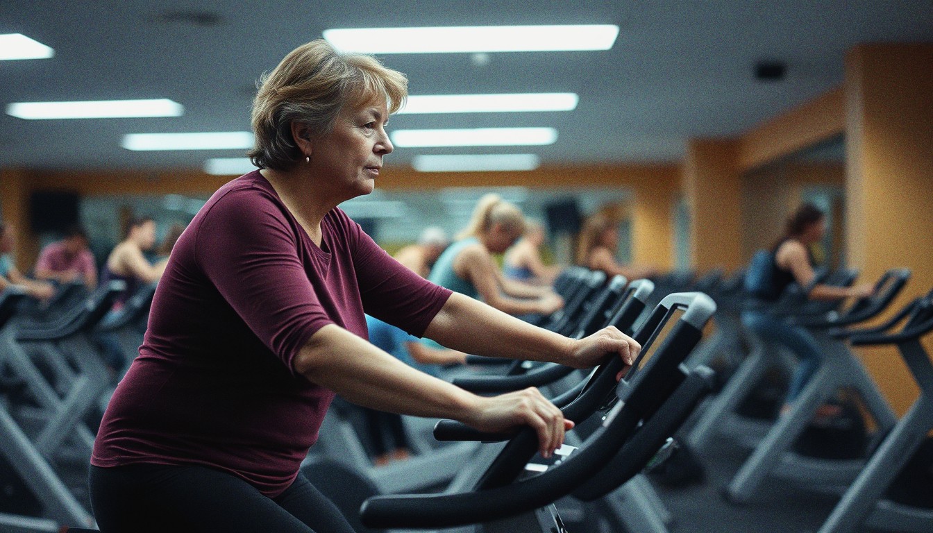 A woman in her fifties cycling on a stationary bike in a UK gym, other bikes and gym members visible in the background.