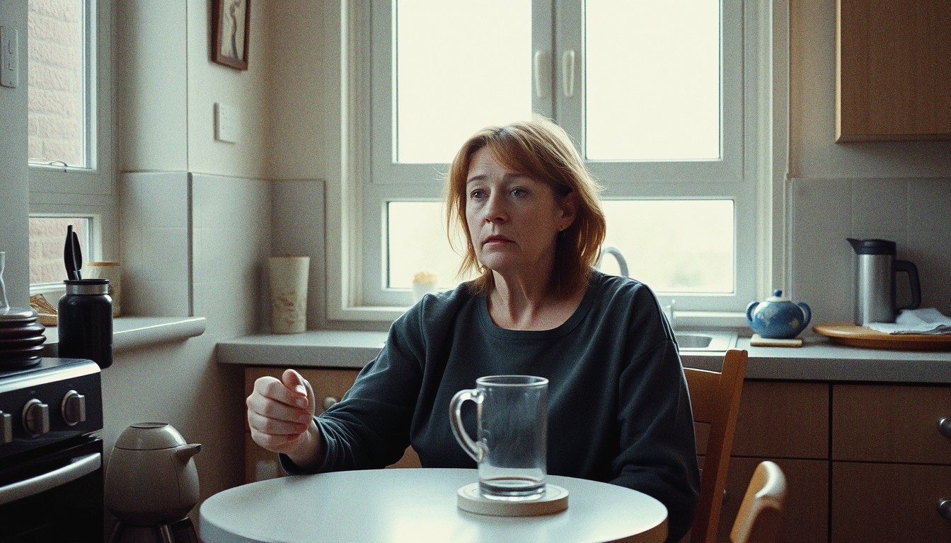 A middle-aged woman sitting at a kitchen table in late-afternoon light with a half-drunk mug of coffee, looking tired and distracted.