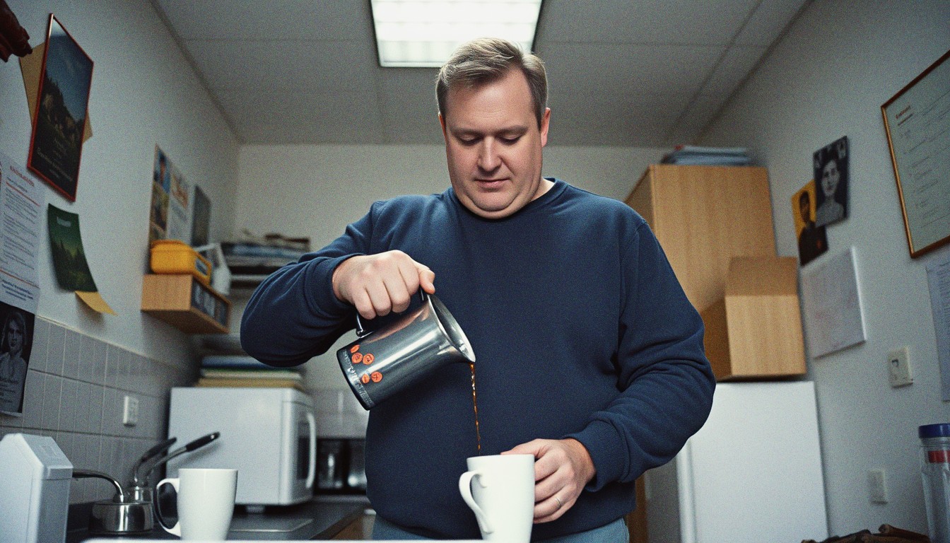 A middle-aged man in a plain navy sweatshirt pouring coffee in a small office kitchen under fluorescent light.