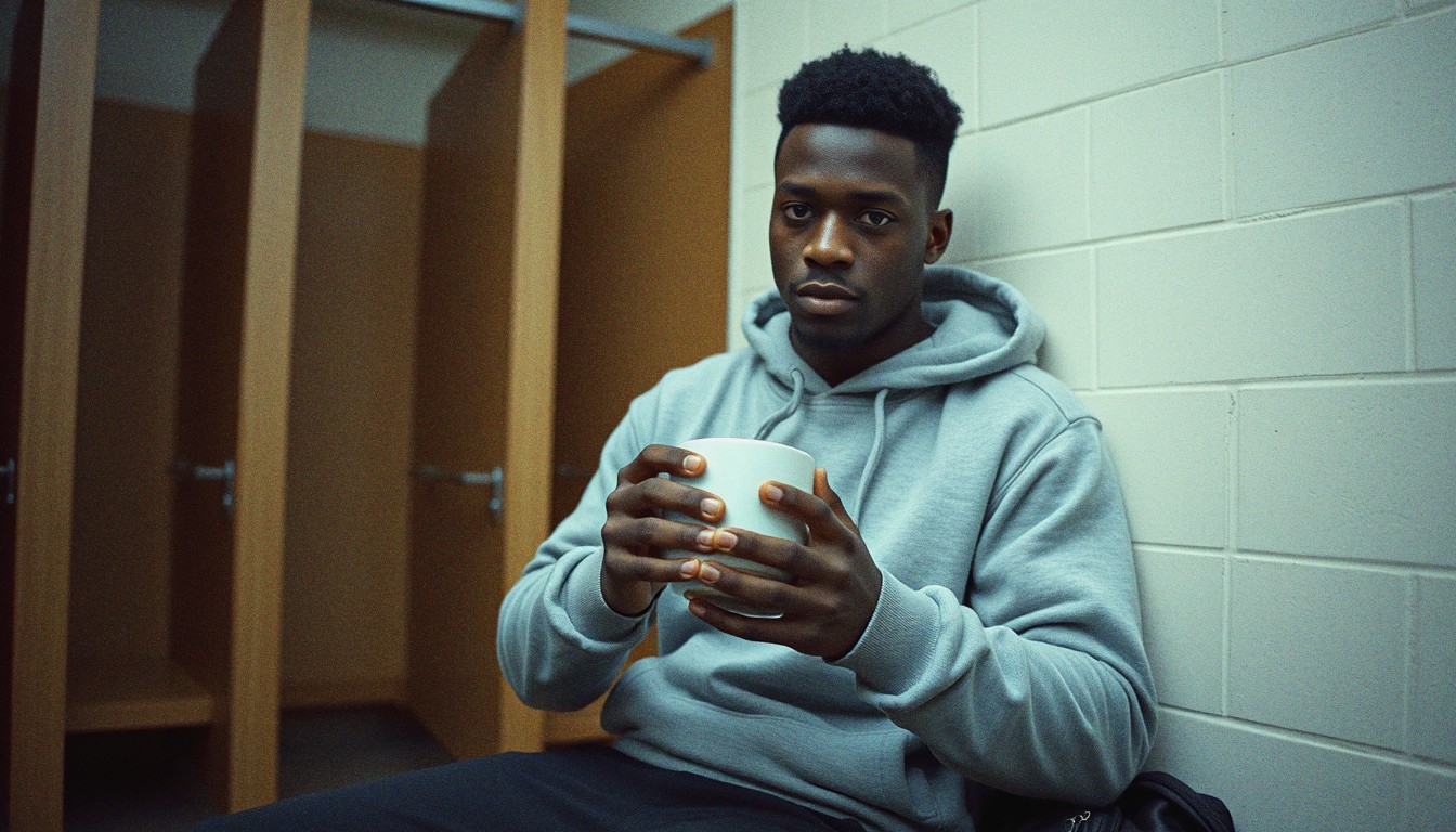 A young man in a plain grey hoodie sitting on a gym changing-room bench holding a steaming mug of herbal tea after a workout.
