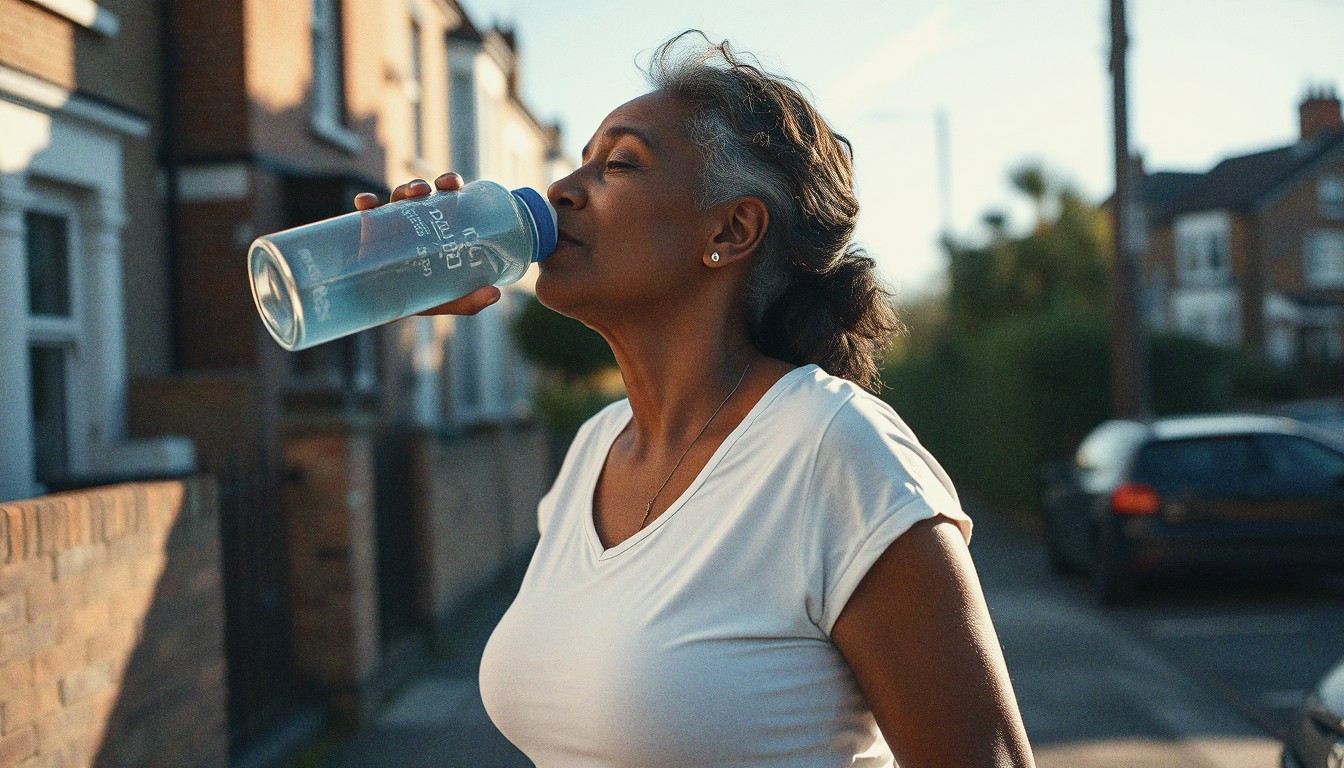 A woman in her fifties drinking from a water bottle on a sunny residential street after an outdoor run, terraced houses in the background.