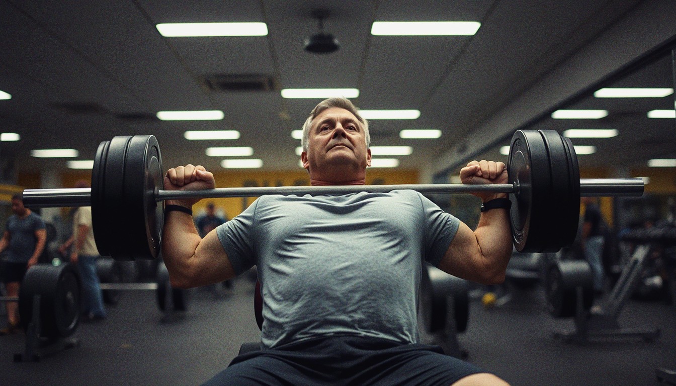 Middle-aged man slowly lowering a barbell during a bench press in a gym.