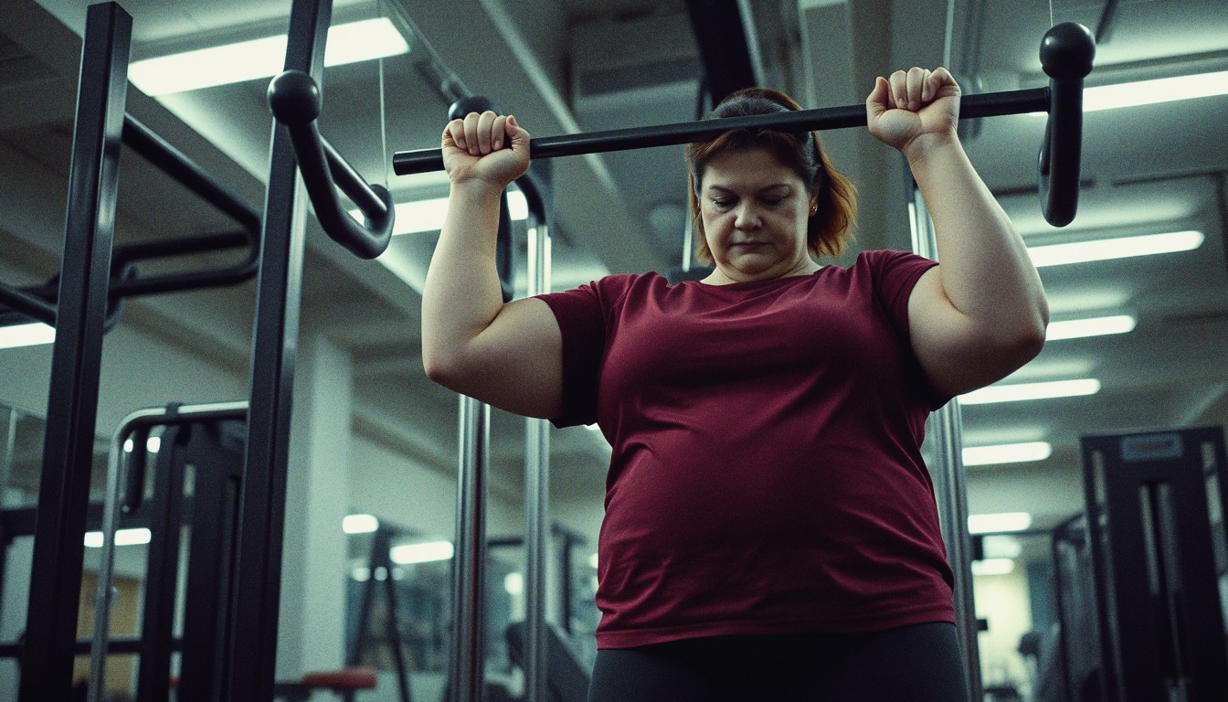Woman in her forties controlling the return phase of a lat-pulldown cable machine in a gym.