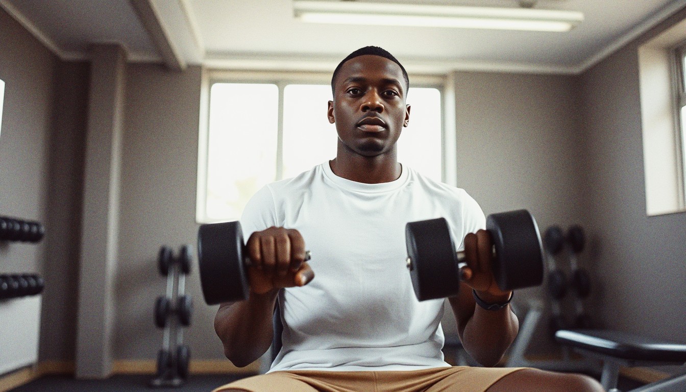 Young man pausing mid-rep on a dumbbell curl in a gym, counting the lowering phase.